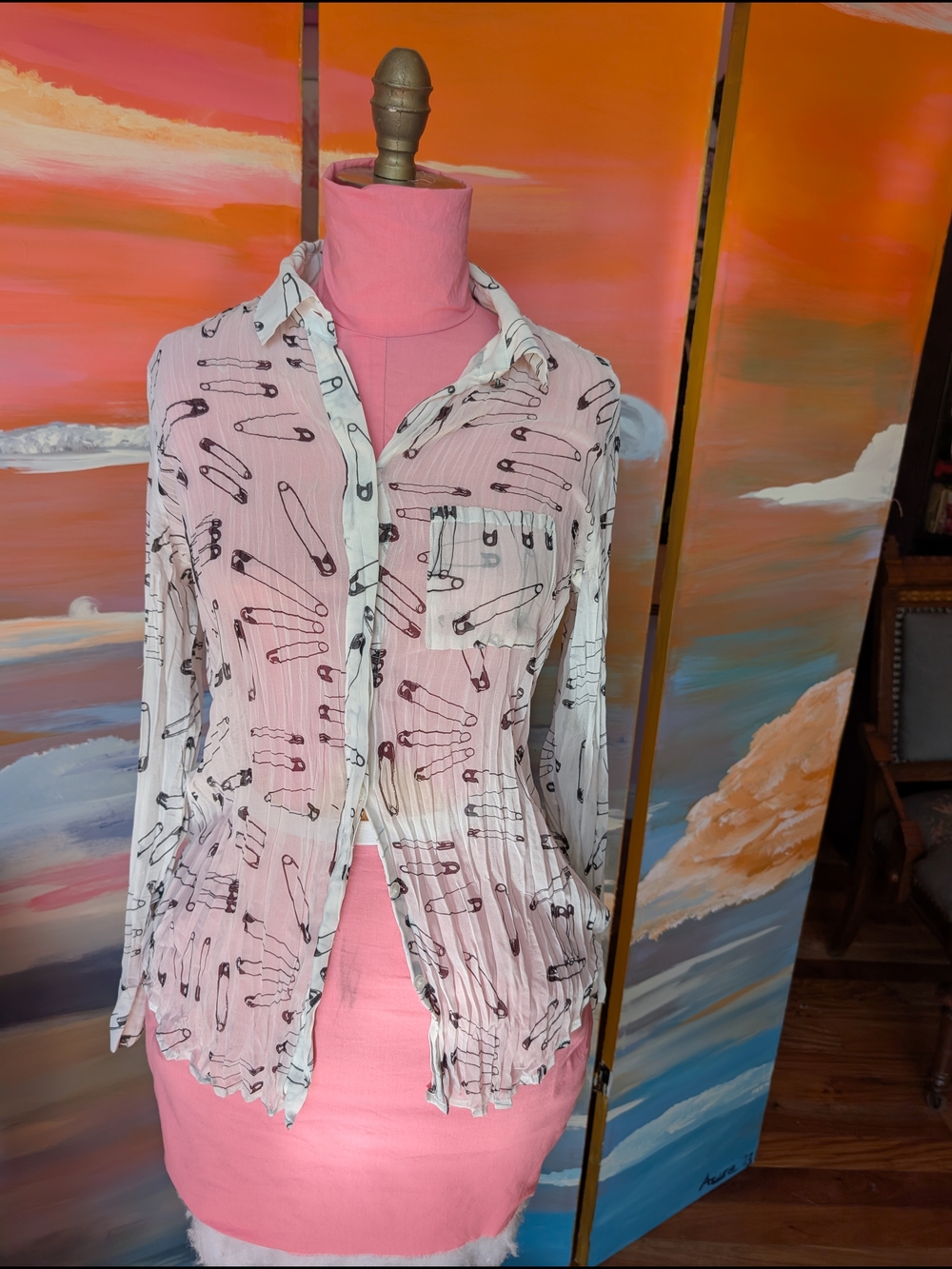 Rock & Republic Pink Button-Down Blouse with Safety Pin Print